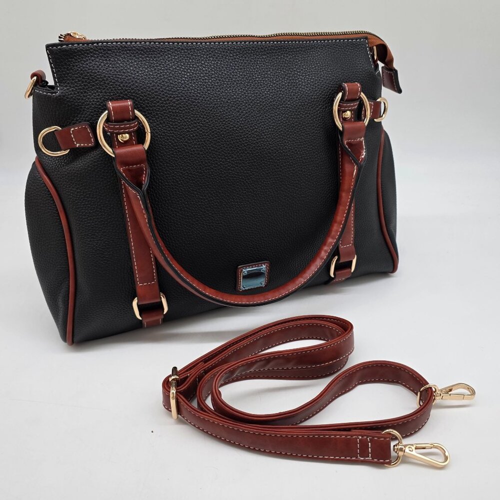 Black & Brown Faux Leather Handbag With Gold-Tone Hardware & Removable Strap